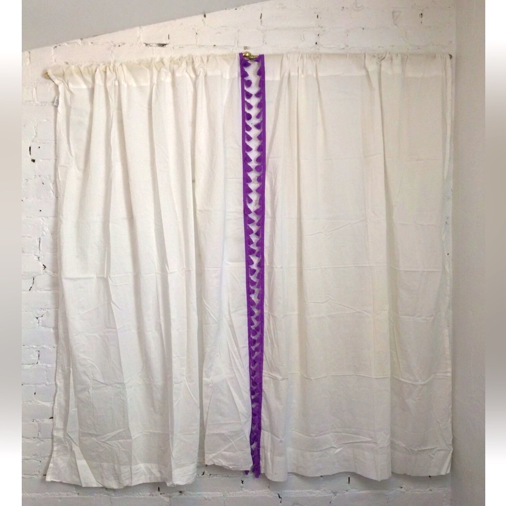 Serena & Lily tassel curtain panels white with purple 60”